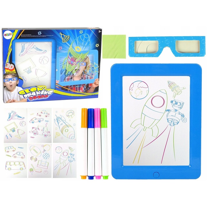 Tabla magica iluminata 3D, LeanToys, set cu 4 markere neon, 3D ochelari, albastra, 23x18x3cm