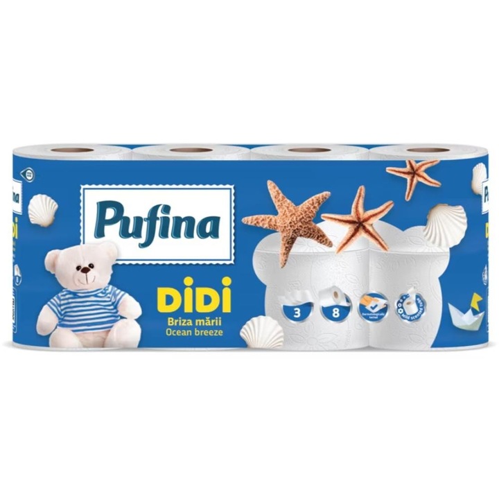 Set Hartie Igienica Didi, Pufina, 3 Straturi, Ocean Breeze, 8 Role, 2 seturi