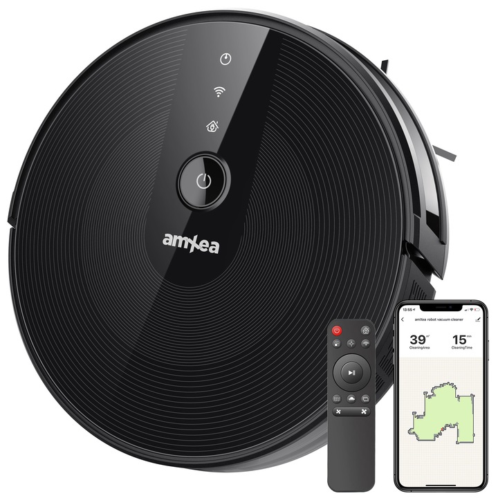 Aspirator robot amXea E37 Negru, Wi-Fi app, smart memory, navigare giroscopica, multi-suprafete, curatare uscata, perie centrala