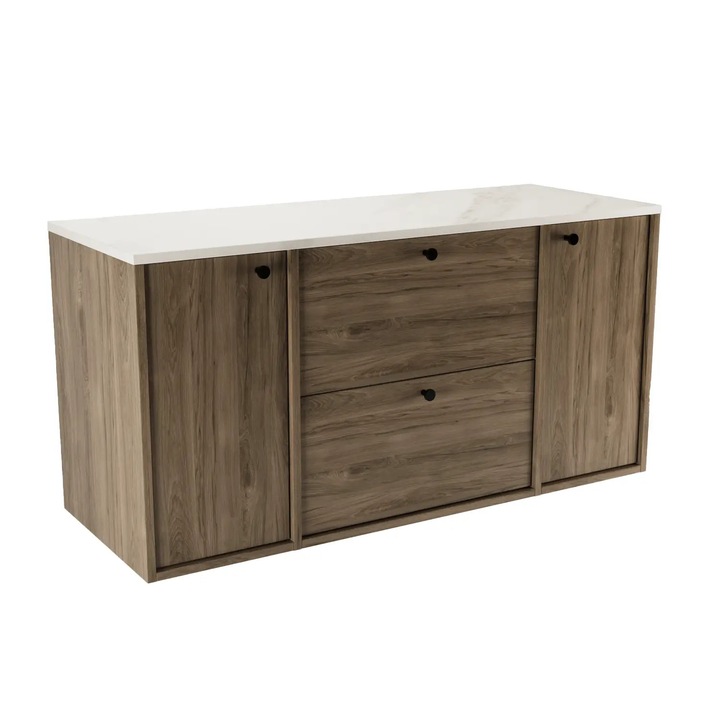 Dulap pentru lavoar Wena Meble, cu 2 usi si 2 sertare, fronturi netede Belino, 120x60x47 cm, Nuc inchis/Marmura alba