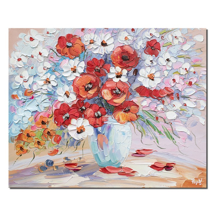 Tablou 3D maci si margarete pictat manual, 50x40cm ulei pe panza in cutit, Valentin Pop