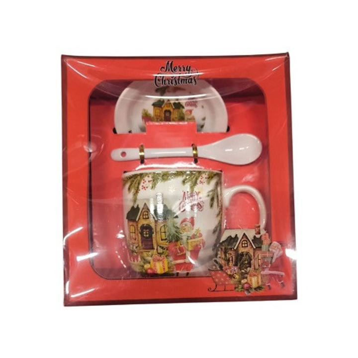 Kerámia bögre kanállal és alátéttel díszdobozban, karácsonyi dekoráció, 350 ml, 4X-0873