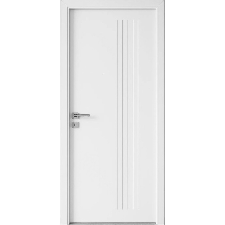 Usa Interior din MDF Novo Doors ND19 LUX PREMIUM, Cadru din Lemn Masiv, KIT COMPLET, Toc Reglabil de 30 CM INCLUS, Plinta pe Ambele Parti, Alb mat