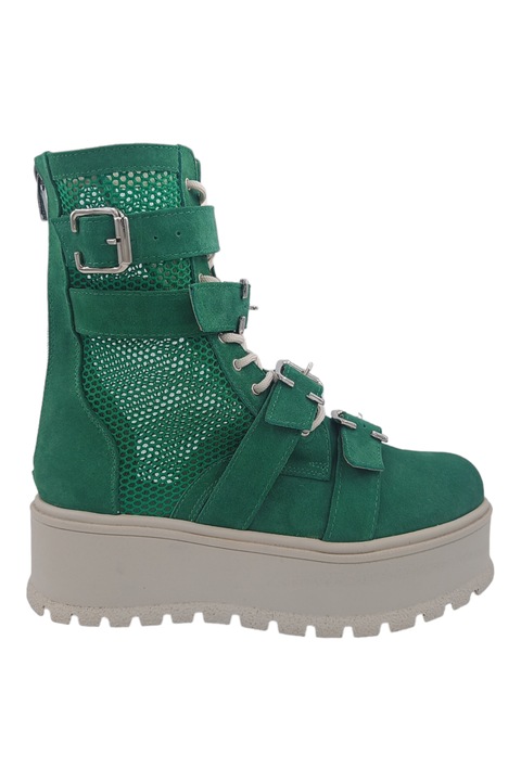 Ghete dama, SandAli, piele intoarsa cu plasa, patru catarame si fermoar, talpa inalta, verde