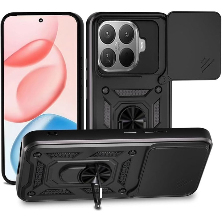 Калъф за Xiaomi 15T Pro Ring Armor Kickstand Tough Rugged Cover с защита на камерата, черен