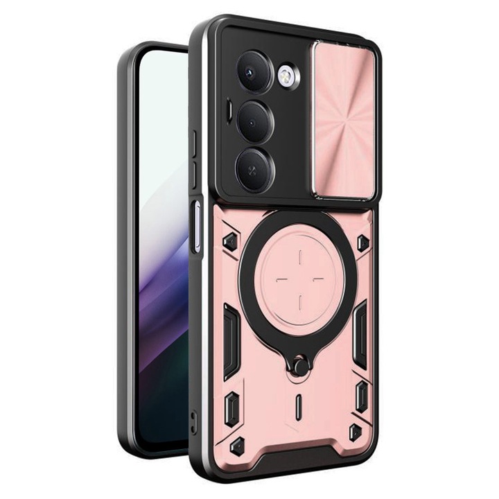 Husa LensCover KickStand pentru Xiaomi Redmi 15 4G /Redmi 15 5G, Inel Magnetic, Strong Shock Absortion, Design Fusion Protect, Drop Protection, Roz