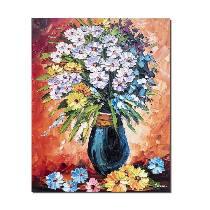 Tablou vaza cu flori multicolore pictat manual, Ikebana, 50x40cm ulei pe panza in cutit, Leonard Covaci