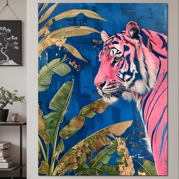 Tablou Canvas Premium, LuxCanva® M1490, Putere Silentioasa, 45 X 60 CM, Panza Bumbac 100% 400g/m2, Sasiu Lemn, Tigru, Felina, Jungla, Exotic, Frunze, Natura, Salbaticie, Dormitor, Birou, Living, Camera Copil