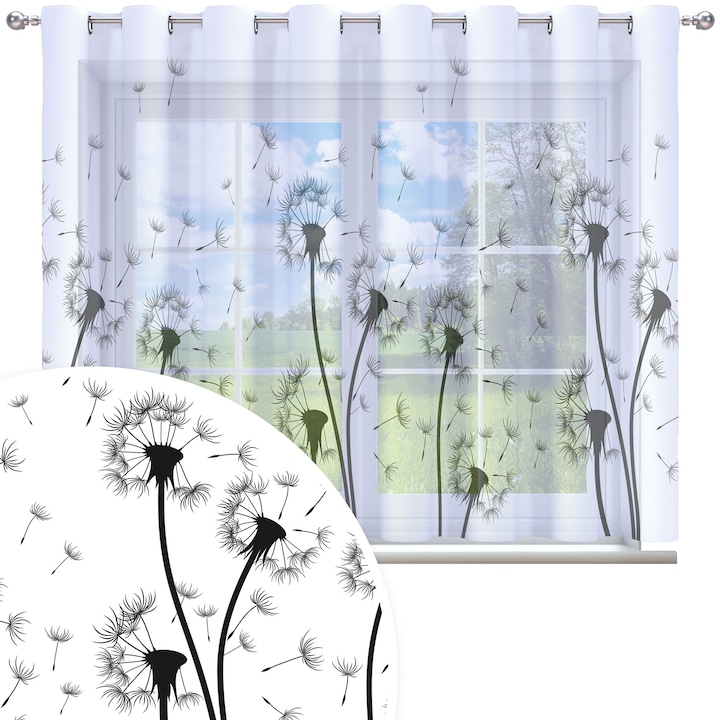 Perdea, Homeview, 300x150 cm, Multicolor, Pentru camera de zi si dormitor, Cu inele, Decorativ, Montaj usor, Poliester, Alb cu imprimeu, model 373