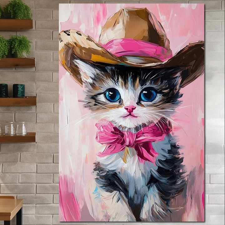 Tablou Canvas Premium, LuxCanva® M1496, Serif Pisicuta la Datorie, 70 X 100 CM, Panza Bumbac 100% 400g/m2, Sasiu Lemn, Cowboy, Pisica, Adorabil, Aventura, Roz, Fundita, Palarie, Copilarie, Dormitor, Birou, Living, Camera Copil