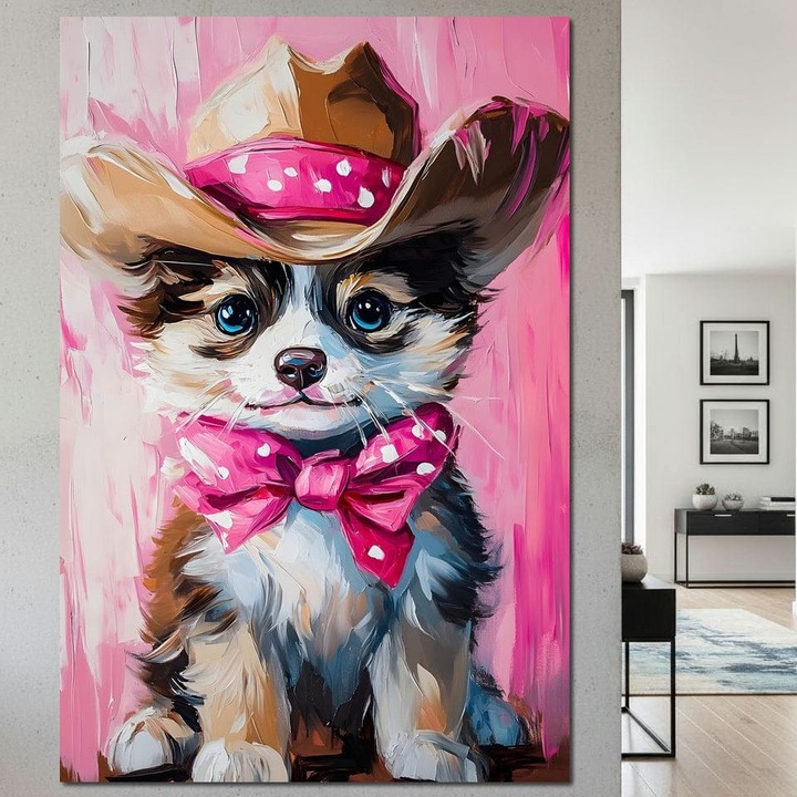 Tablou Canvas Premium, LuxCanva® M1495, Micutul Serif Roz, 80 X 120 CM, Panza Bumbac 100% 400g/m2, Sasiu Lemn, Catelus, Palarie, Cowboy, Dragalas, Fundita, Pufosenie, Dormitor, Birou, Living, Camera Copil