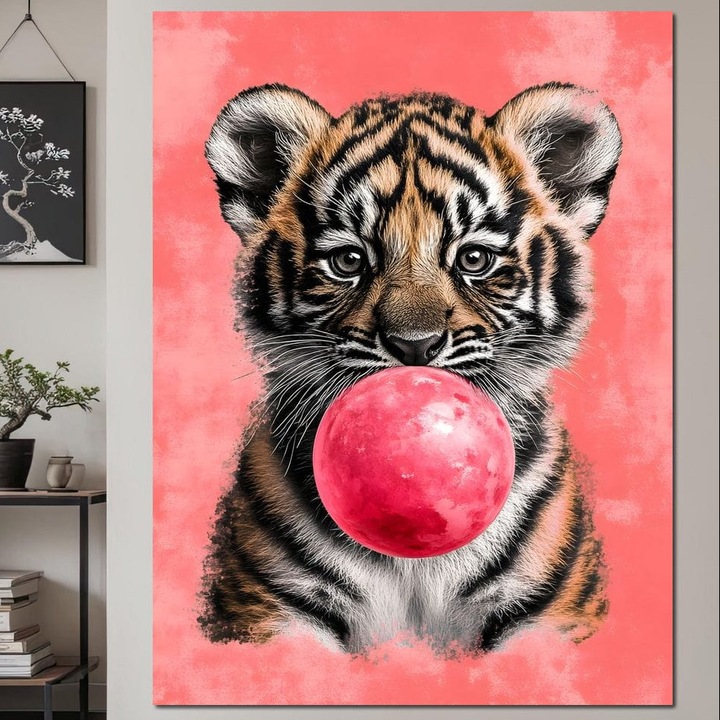 Tablou Canvas Premium, LuxCanva® M1494, Tigrul Poznas, 100 X 135 CM, Panza Bumbac 100% 400g/m2, Sasiu Lemn, Pui, Tigru, Bubble Gum, Roz, Adorabil, Jucaus, Copilarie, Dormitor, Birou, Living, Camera Copil