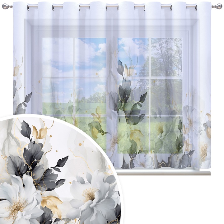 Perdea, Homeview, 300x150 cm, Multicolor, Pentru camera de zi si dormitor, Cu inele, Decorativ, Montaj usor, Poliester, Alb cu imprimeu, model 225