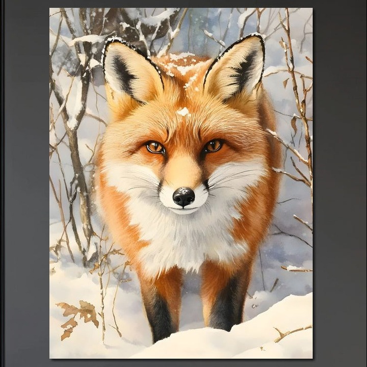 Tablou Canvas Premium, LuxCanva® M1497, O Iarna de Basm, 45 X 60 CM, Panza Bumbac 100% 400g/m2, Sasiu Lemn, Vulpe, Iarna, Zapada, Frig, Animal, Salbatic, Padure, Dormitor, Birou, Living, Camera Copil