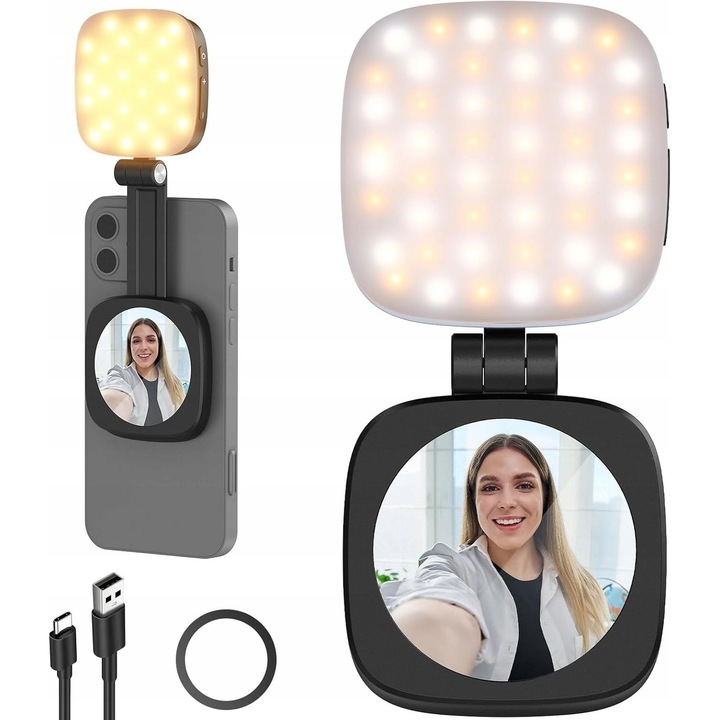 Neewer NL48B mágneses LED lámpa szelfi tükörrel, 48 dióda, fényerő állítás, fekete, szett mágneses gyűrűvel és USB-C kábellel, összehajtott méretek 6x7x2cm