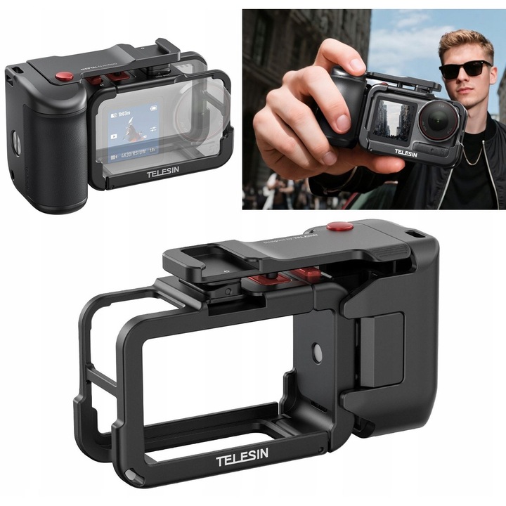 Grip cu cadru de montare, Telesin, TSFMS22-01, pentru camere DJI Action 3/4/5/5 Pro, grip ergonomic din piele bio, schimbare rapida a bateriei, montura ISO, filet trepied 1/4", fabricat din aluminiu de calitate aeronautica, set 2 in 1, greutate 246
