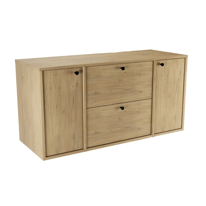 Dulap pentru lavoar Wena Meble, cu 2 usi si 2 sertare, fronturi netede Belino, 120x60x47 cm, Stejar Cremona