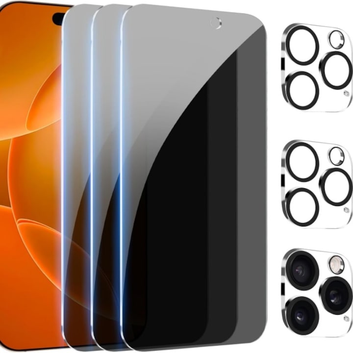 Set 3 folii protectie ecran/3 folii protectie camera, Sticla securizata, Compatibile cu iPhone 16 Pro Max, Privacy
