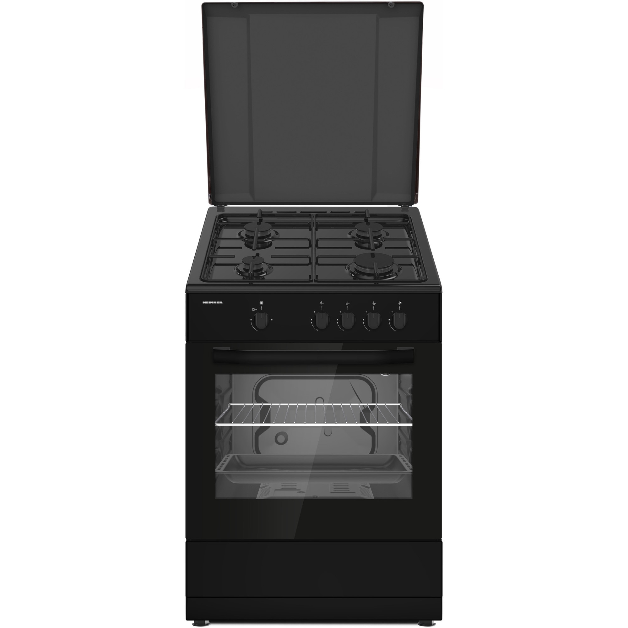 Aragaz HEINNER HFSC-SME66IBK, gaz, 4 arzatoare, Suport email, Capac metalic, Aprindere electrica, Dispozitiv de siguranta plita si cuptor, Usa cuptor cu geam dublu, Duze GPL inclus
