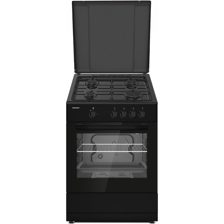 Готварска печка HEINNER HFSC-SME66IBK, Газ, 4 нагревателни зони, Метален капак, Електрическо запалване, Защита нагревателни зони и фурна, Двойно остъклена врата на фурната, Включени са дюзи за GPL, Хромирани тава и решетка, 60 см, Черен