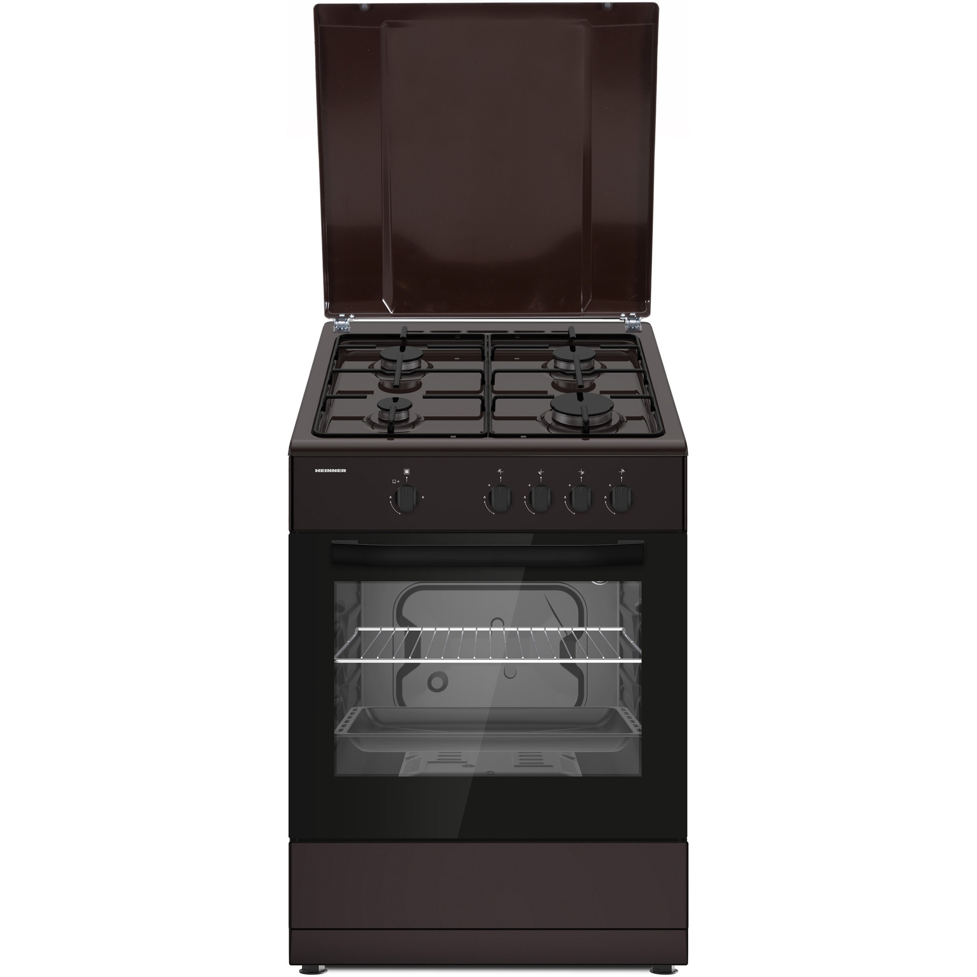 Aragaz HEINNER HFSC-SME66IBRW, Gaz, 4 arzatoare, Suport email, Capac metalic, Aprindere electrica, Dispozitiv de siguranta plita si cuptor, Usa cuptor cu geam dublu, Duze GPL inclu