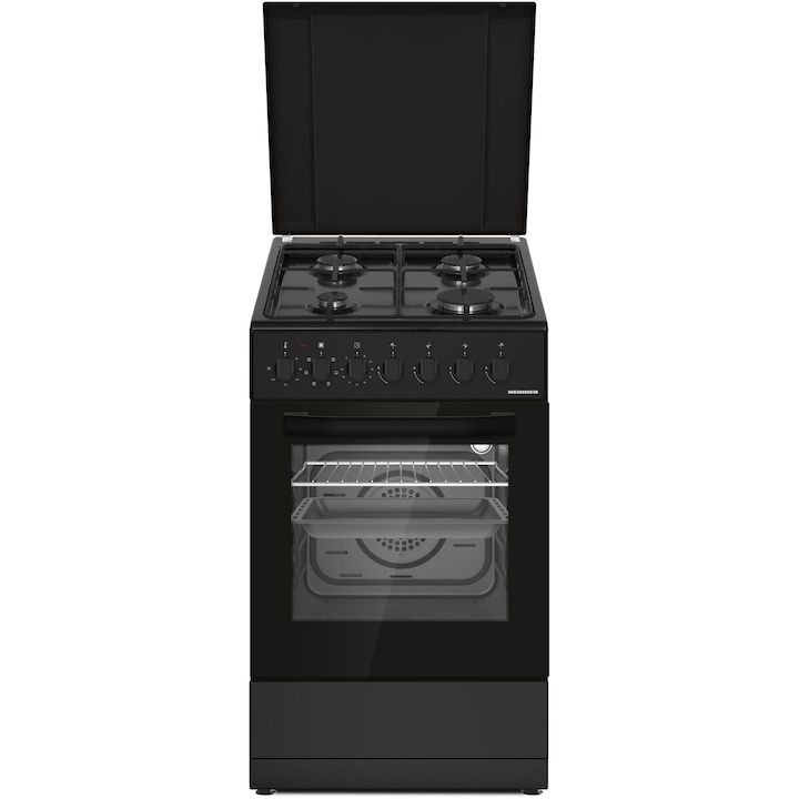 Газова готварска печка HEINNER HFSC-S60LITGC-BK, 4 нагревателни зони, Електрическо запалване на плота, Електрическа фурна, Клас A, Метален капак, Защита нагревателни зони, 7 функции, Таймер, Грил, Вентилация, Включени са дюзи за GPL, 49.8x61 см, Черен