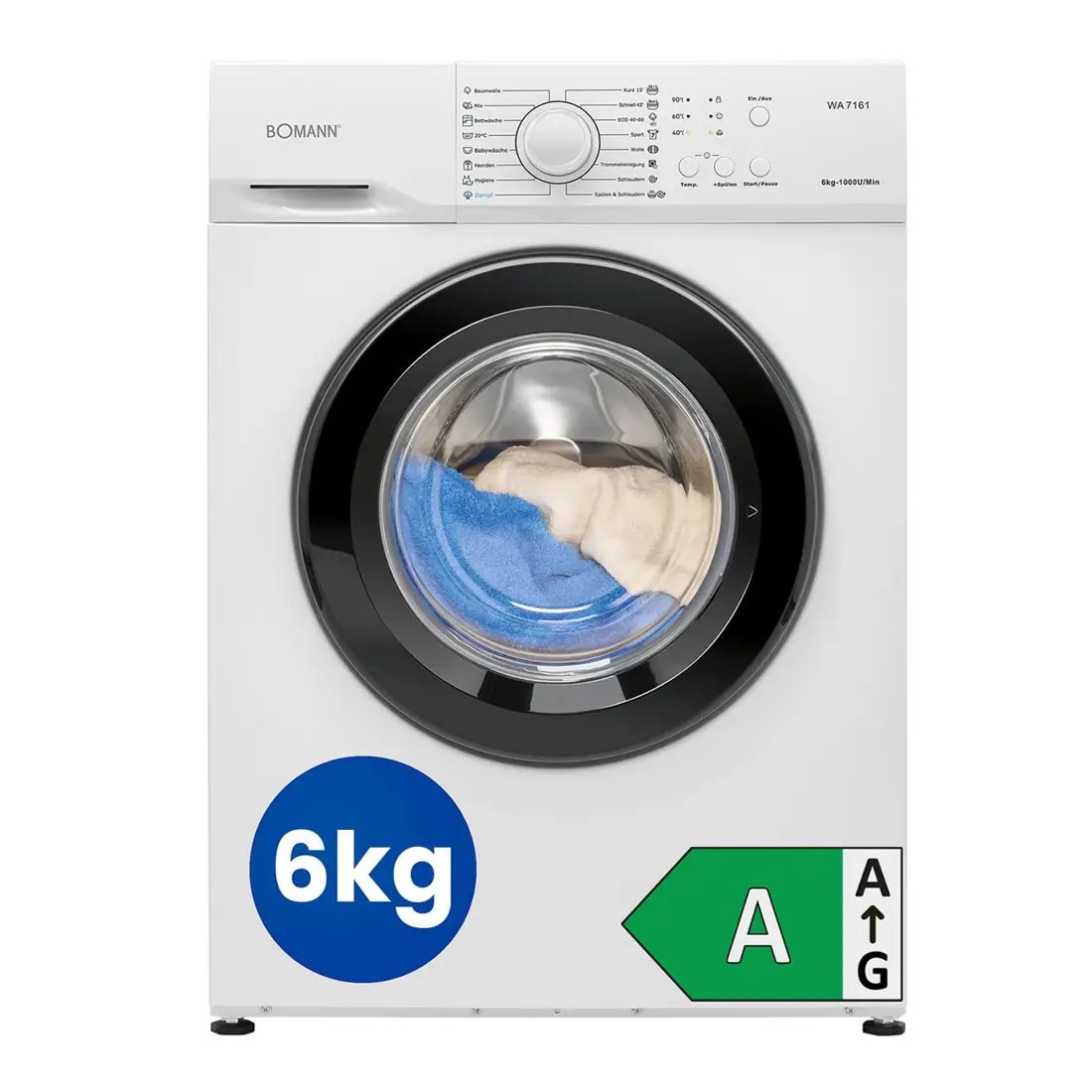 Masina de spalat rufe Bomann, 6 kg, clasa A, consum redus, latime 60 cm, 16 programe automate, viteza max. 1000 rpm, temperatura reglabila, program apa rece, Child Lock, protectie preaplin, control balans, control exces spuma, sita obiecte, 1650 W, alb
