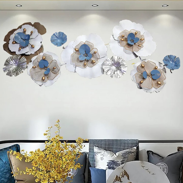 Decoratiune Metalica de Perete LuxCanva® CrystalBloom A2025M, din Metal, Orizontala, Auriu, Alb, Gri, Dimensiune Mare 160 x 64 cm