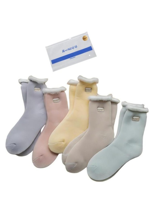 Un set de 5 perechi de sosete, sosete din bumbac pentru femei Omelivon®, Sosete calde din fleece ingrosat ，respirabile si confortabile, potrivite pentru sport, timp liber, afaceri, Maro, violet, rosu, verde si galben
