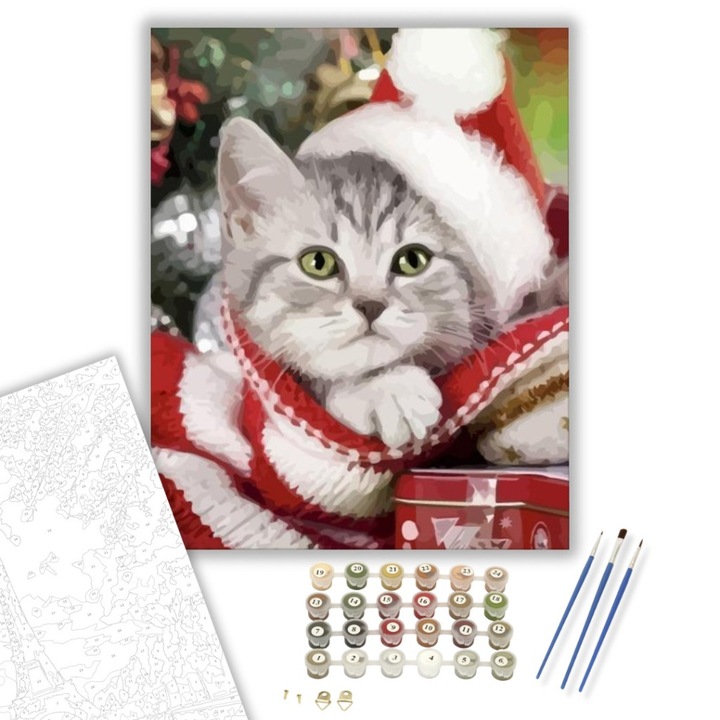Számfestő készlet, Cica mikulás sapkában, 40×50 cm, Keretre feszítve, 3db ecset, akrilfestékek