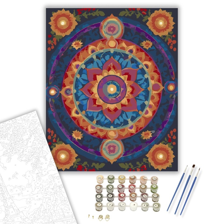 Számfestő készlet, Chakra Harmónia Mandala, 40×50 cm, Keret nélkül, 3db ecset, akrilfestékek