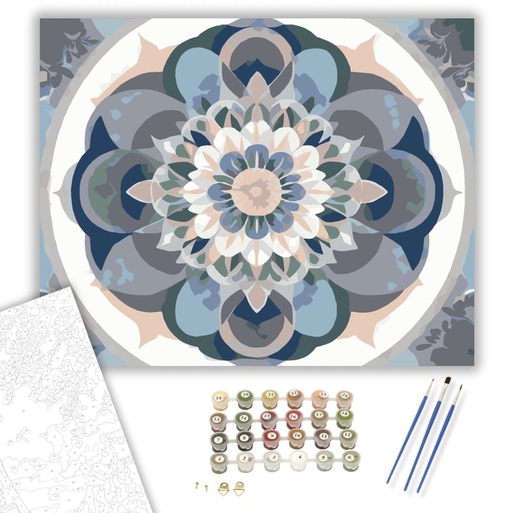Számfestő készlet, Pasztell Kör Mandala, 40×50 cm, Keret nélkül, 3db ecset, akrilfestékek