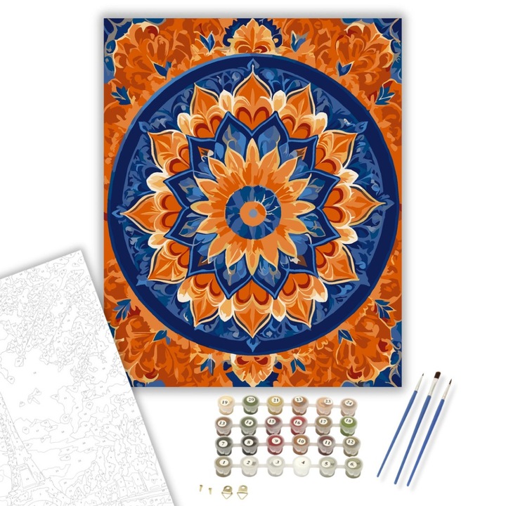 Számfestő készlet, Tüzes Kék Mandala Ékköves Hatással, 40×50 cm, Keret nélkül, 3db ecset, akrilfestékek