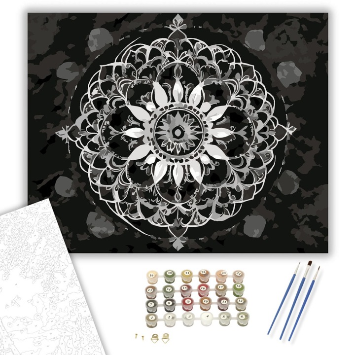 Számfestő készlet, Fehér Mandala Kőhatással, 40×50 cm, Keret nélkül, 3db ecset, akrilfestékek