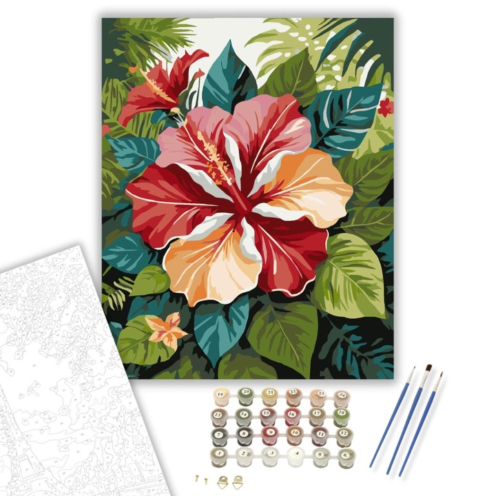 Számfestő készlet, Trópusi Hibiszkusz Mandala, 40×50 cm, Keret nélkül, 3db ecset, akrilfestékek
