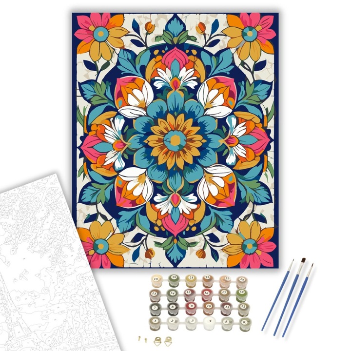 Számfestő készlet, Tavaszi Virág Mandala, 40×50 cm, Keret nélkül, 3db ecset, akrilfestékek