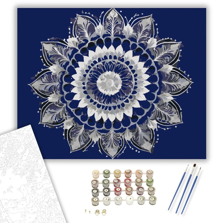 Számfestő készlet, Ezüst Virág Mandala, 40×50 cm, Keret nélkül, 3db ecset, akrilfestékek