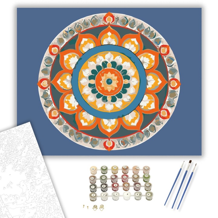 Számfestő készlet, Buddhista Szimbólumokkal Díszített Mandala, 40×50 cm, Keret nélkül, 3db ecset, akrilfestékek