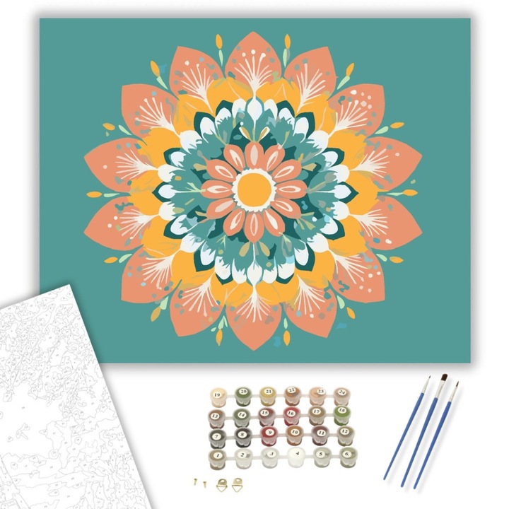 Számfestő készlet, Virágos Mandala Korall és Teal Színekkel, 40×50 cm, Keret nélkül, 3db ecset, akrilfestékek