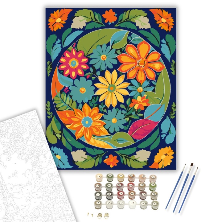 Számfestő készlet, Színes Virágos Mandala, 40×50 cm, Keret nélkül, 3db ecset, akrilfestékek