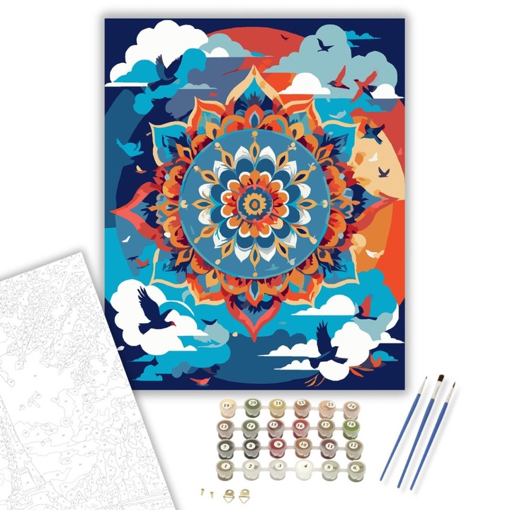 Számfestő készlet, Égbolt Mandala Felhőkkel és Madarakkal, 40×50 cm, Keret nélkül, 3db ecset, akrilfestékek