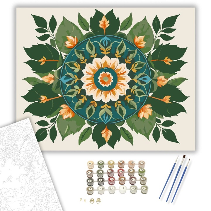 Számfestő készlet, Természet Mandala Levelekkel és Virágokkal, 40×50 cm, Keret nélkül, 3db ecset, akrilfestékek
