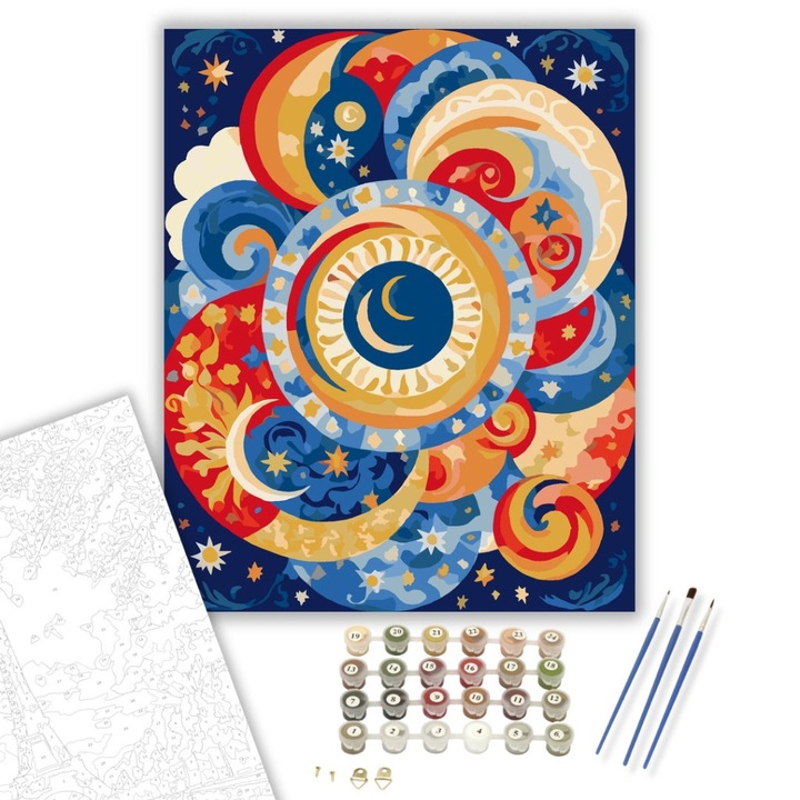 Számfestő készlet, Van Gogh Stílusú Hold és Felhő Mandala, 40×50 cm, Keret nélkül, 3db ecset, akrilfestékek