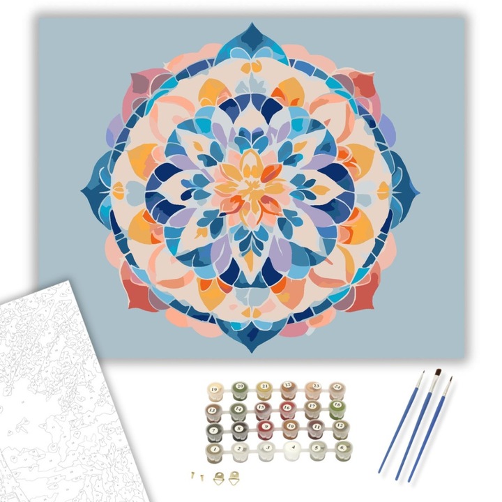 Számfestő készlet, Pasztell Virágzó Mandala, 40×50 cm, Keret nélkül, 3db ecset, akrilfestékek