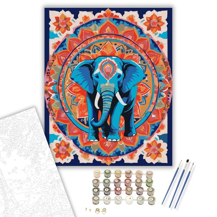Számfestő készlet, Elefántos Mandala Lótuszmintákkal, 40×50 cm, Keret nélkül, 3db ecset, akrilfestékek