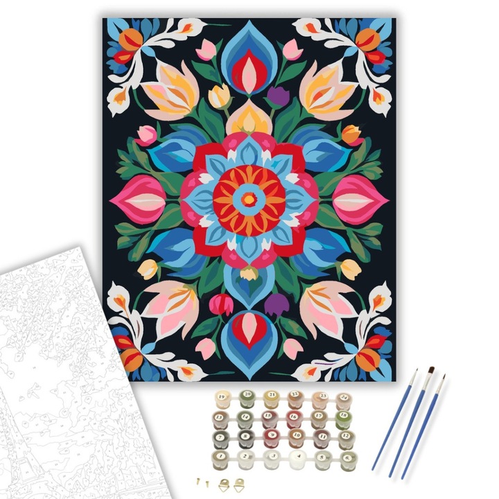 Számfestő készlet, Virágkert Mandala Élénk Színekkel, 40×50 cm, Keret nélkül, 3db ecset, akrilfestékek