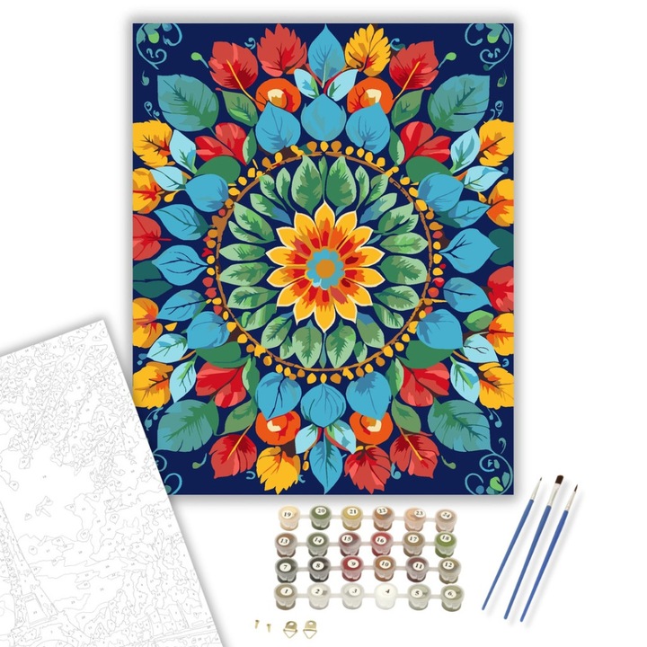 Számfestő készlet, Természet ihlette Mandala Levelekkel és Virágokkal, 40×50 cm, Keret nélkül, 3db ecset, akrilfestékek