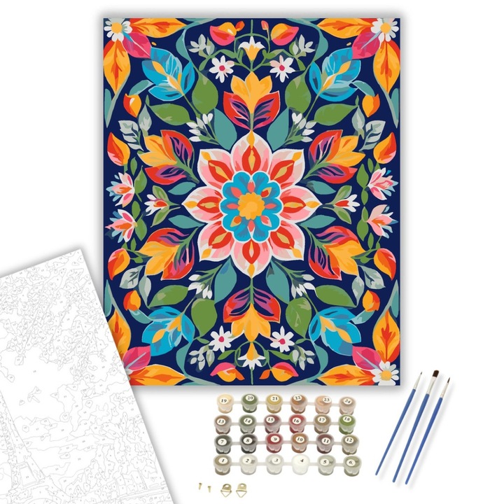 Számfestő készlet, Tavaszi Virágbimbós Mandala, 40×50 cm, Keret nélkül, 3db ecset, akrilfestékek