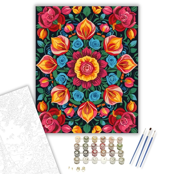 Számfestő készlet, Virágos Mandala Rózsákkal és Tulipánokkal, 40×50 cm, Keretre feszítve, 3db ecset, akrilfestékek