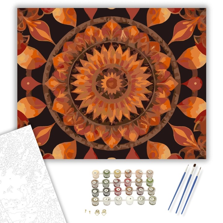 Számfestő készlet, Tüzes Mandala Átalakulás Mintával, 40×50 cm, Keret nélkül, 3db ecset, akrilfestékek